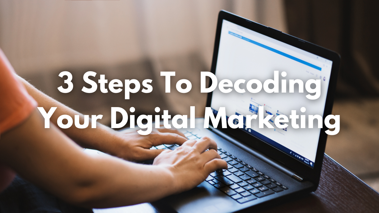 Person typing on a laptop with text overlay: 3 Steps to Decoding Your Digital Marketing.