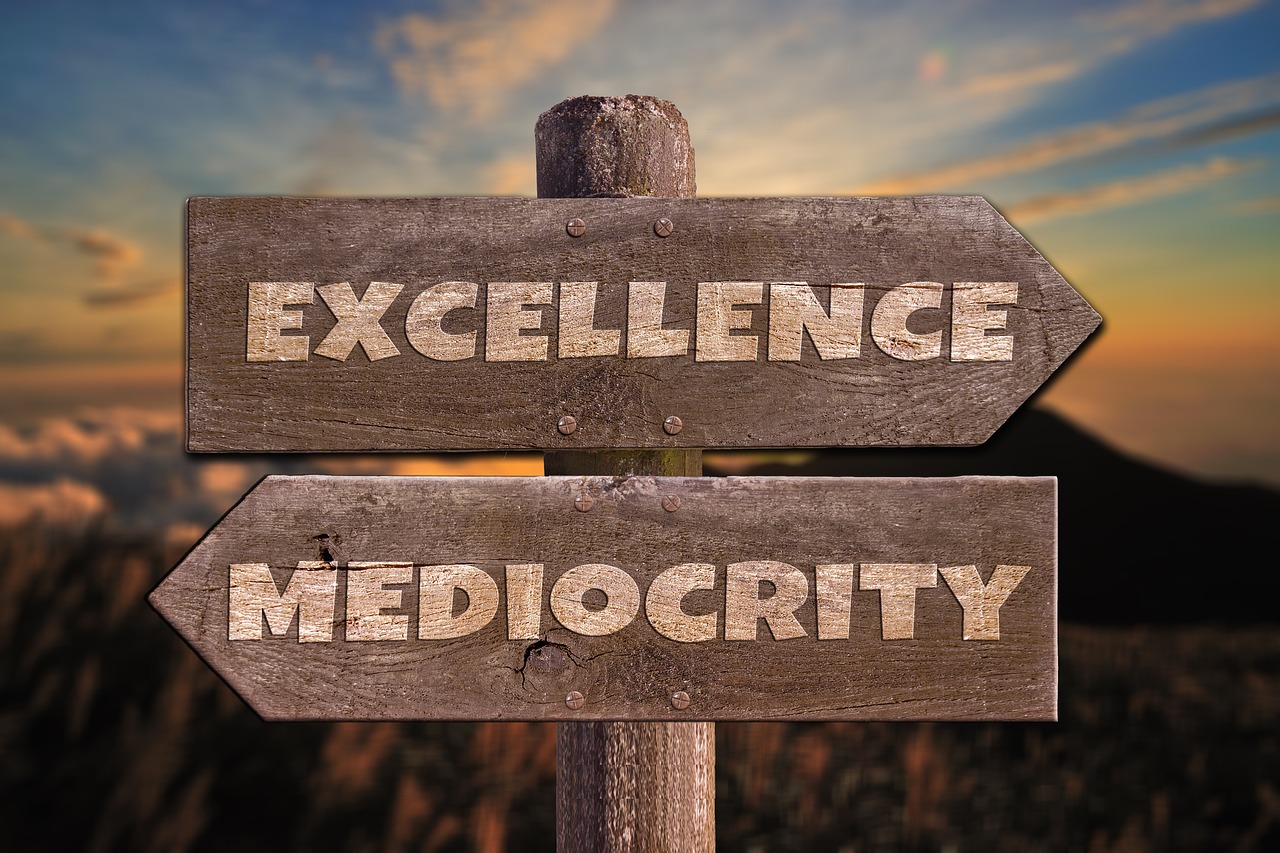 Two wooden arrow sign stacked in an opposite direction with a text "Excellence" and "Mediocrity"