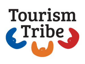 Tourism Tribe logo with bold black text and three stylized semi-circle shapes in blue, orange, and red.