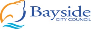 Bayside City Council logo featuring a stylized orange and blue seal above wavy blue lines, with "Bayside City Council" written in blue text.