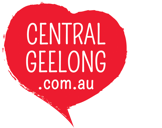 Central Geelong logo in a red heart design with "Central Geelong.com.au" text in bold white font.