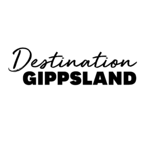 Destination Gippsland logo in a stylish script and bold font on a transparent background.