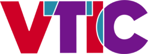 VTIC logo in bold red and purple letters with teal accents on a transparent background.