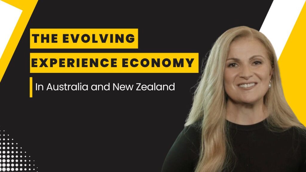 Smiling woman in black attire with text overlay: The Evolving Experience Economy in Australia and New Zealand.