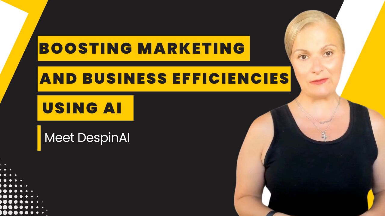 Professional woman in a black sleeveless top with text overlay: Boosting Marketing and Business Efficiencies Using AI - Meet DespinAI
