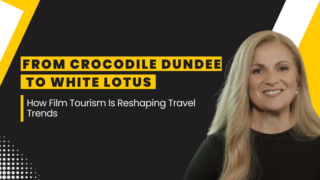 Woman presenting a tourism topic titled “From Crocodile Dundee to White Lotus – How Film Tourism Is Reshaping Travel Trends”