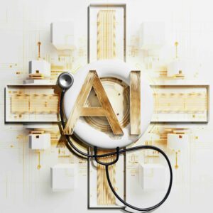 Gold “AI” letters at the centre of a circular platform with a stethoscope wrapped around it, symbolising an AI diagnostic and digital health assessment.