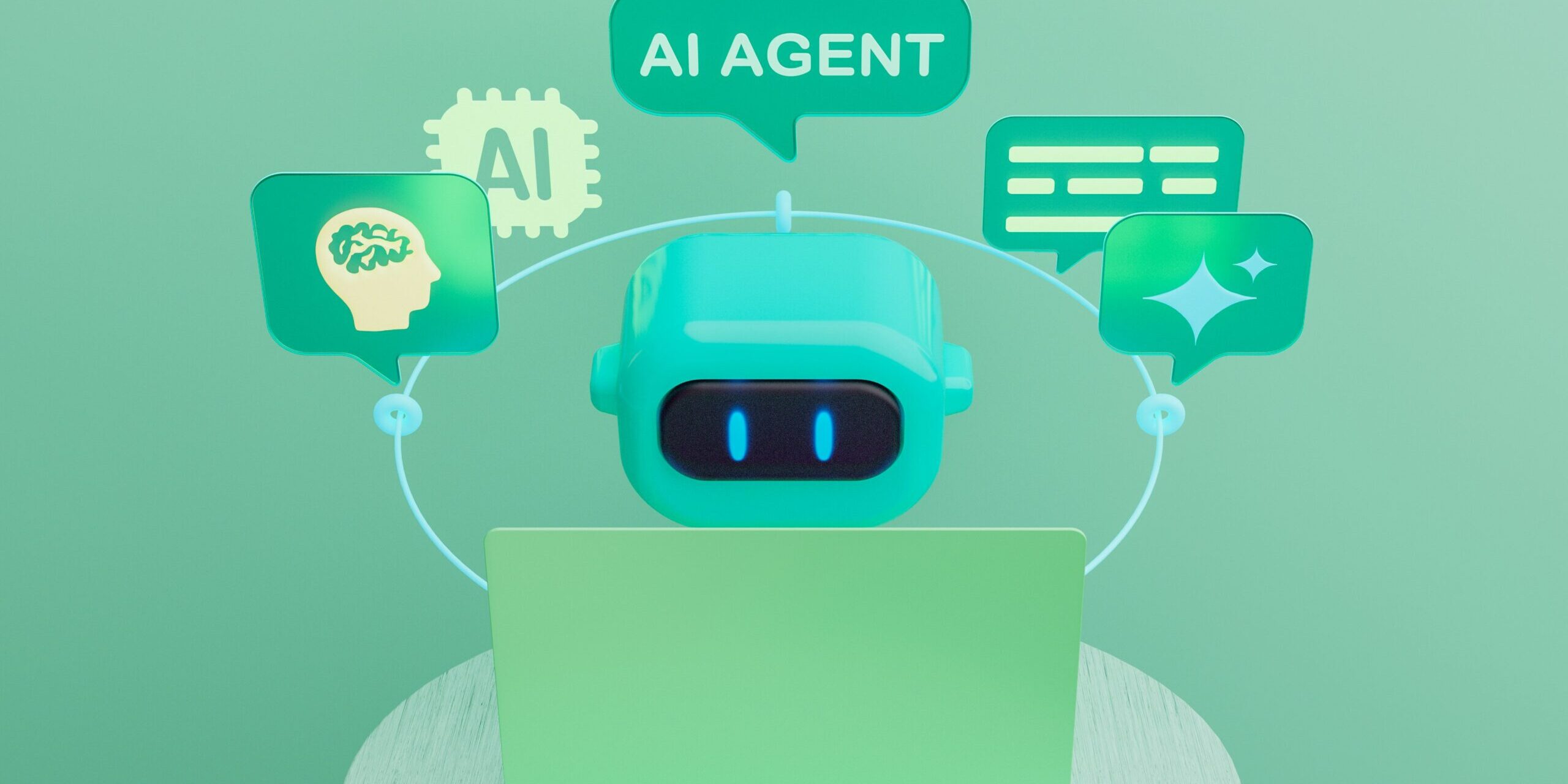 AI Agent Technology Supporting Digital Illustration of an AI agent assistant working on a laptop with icons representing artificial intelligence, automation, and digital tools.