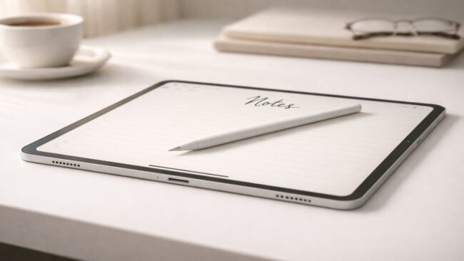 ipad notes from Destination Australia 2026 – 1280×720 iPad Pro with Apple Pencil on a white desk showing a notes app, with coffee cup and glasses in background, representing note-taking for tourism operators at Destination Australia 2026