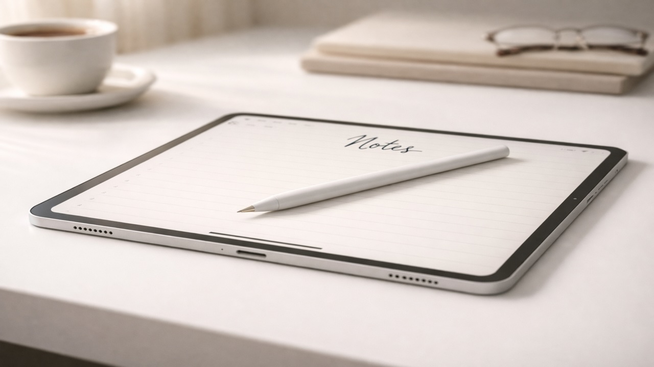 iPad Pro with Apple Pencil on a white desk showing a notes app, with coffee cup and glasses in background, representing note-taking for tourism operators at Destination Australia 2026