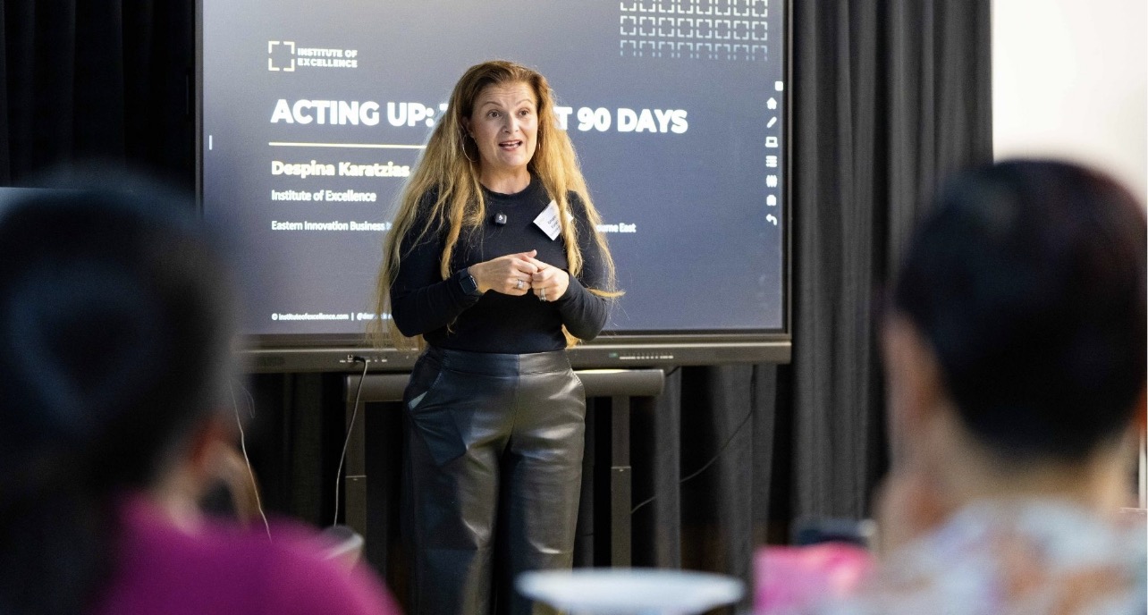 Despina Karatzias presenting a 90-day business planning workshop, Acting Up, The Next 90 Days, to women business owners at Eastern Innovation Business Centre