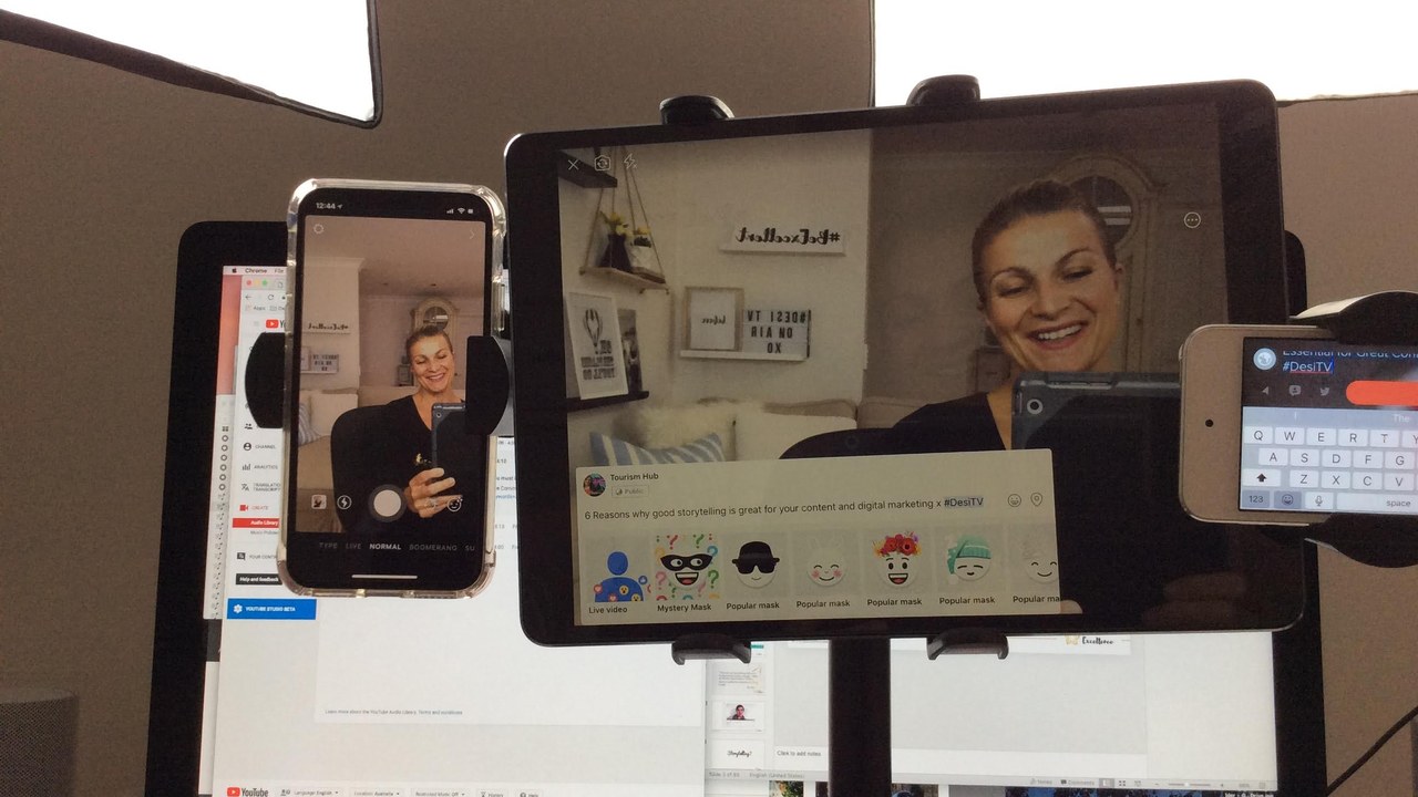 Despina Karatzias broadcasting to four platforms at once from a home set-up with a phone, two tablets and a monitor running YouTube and Facebook Live