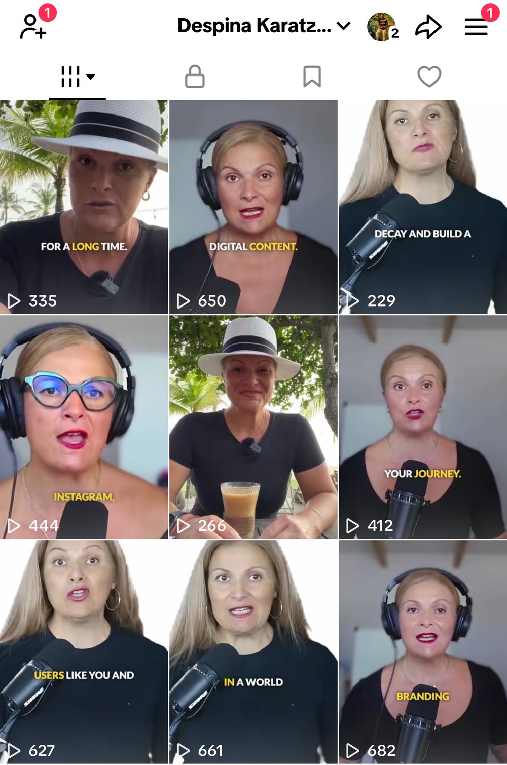 Despina Karatzias TikTok profile grid showing nine short videos with view counts between 229 and 682 during her 30-day marketing challenge