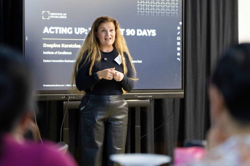 Despina Karatzias presenting a 90-day business planning workshop, Acting Up, The Next 90 Days, to women business owners at Eastern Innovation Business Centre