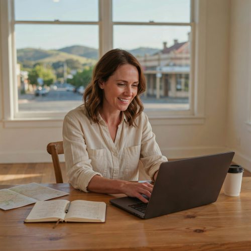 Tourism marketer smiling at her laptop while planning destination content in a regional visitor centre, with a notebook of ideas, a map and a coffee on the table.