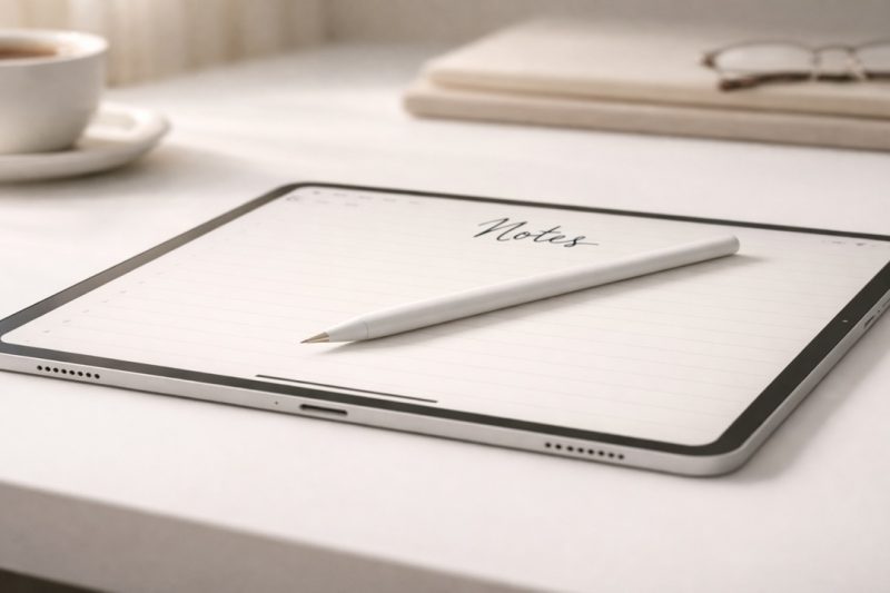 iPad Pro with Apple Pencil on a white desk showing a notes app, with coffee cup and glasses in background, representing note-taking for tourism operators at Destination Australia 2026