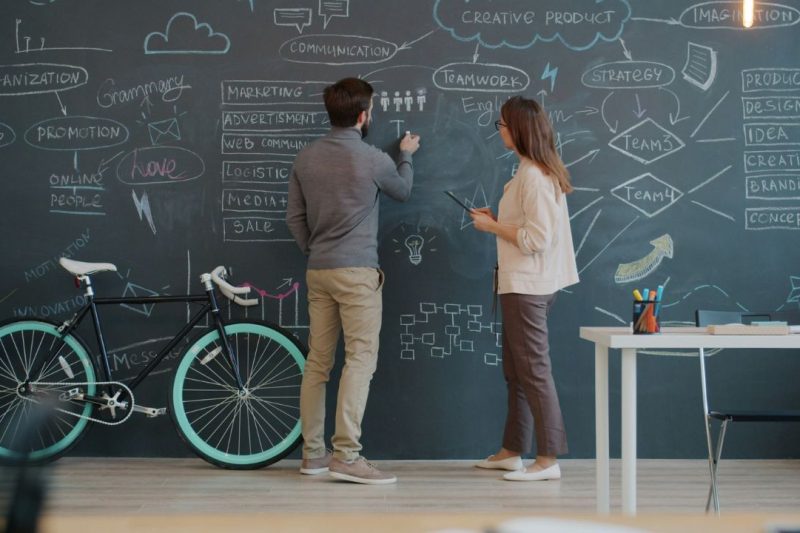Two business professionals mapping ideas and strategy on a chalkboard in a modern workspace.