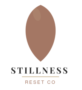 Stillness Reset Co logo — warm clay teardrop mark above bold serif wordmark with champagne gold rule
